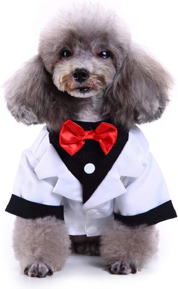 GabeFish Pets Wedding Jackets Suit for Dogs with Bow Tie Puppy Cat Formal Clothes Shirt Tuxedo (White, L (Chest 17.3in/44cm)