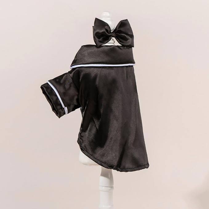 Cat Puppy Costume Elegant Satin Pajamas with Bow Headband 2PCs Set Pet Sleepwear Cute Pet Outfit Cosplay Partywear Photoshoots (Black Set,Small)