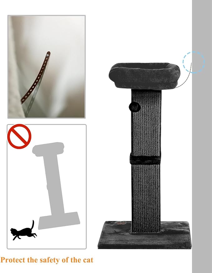 Karolpar 32" Cat Scratching Post for Indoor Cats, Sisal Cat Scratcher with Plush Perch, Large Scratch Post with Bed, Removable Cover, Sisal Fabric,Black