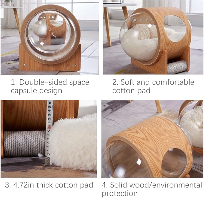 Space Capsule Cat House: Bed with Scratching Post & Removable Cushion - Cats Nest & Kennel Wooden Furniture - Large & Small Cats Indoor