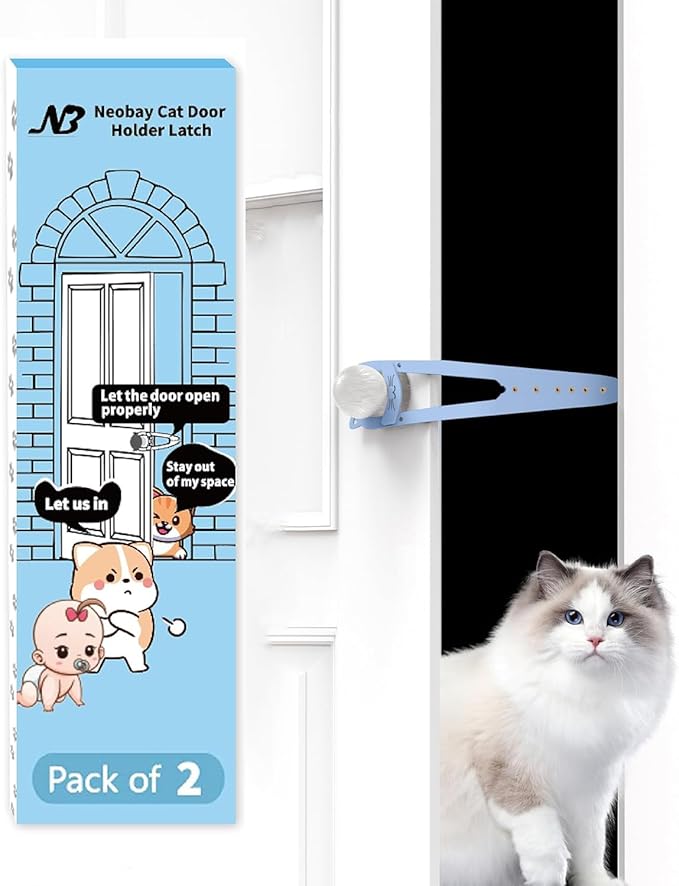 Neobay Cat Door Latch with Stabilizer 2 Packs, 7 Sizes Adjustable Door Latch for Cat to Keep Dog Out of Litter Box, No-Drill Alternative of Pet Gates and Interior Pet Door, Plastic