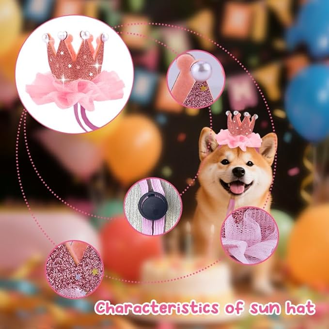 Adjustable Dog Cat Kitten Bday Hat for Pet Birthday Party Hats with Lace Crown Dog Birthday Hat for Boy Girl Dogs Cat Birthday Party Hat with Pearls for Pet Pink Birthday Hats for Pets