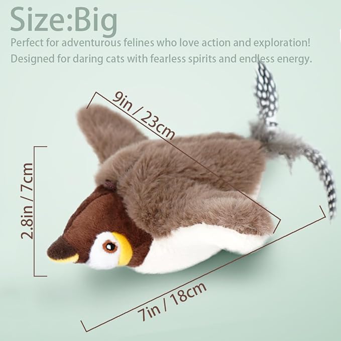 Flapping Chirping Bird Cat Toy(Non-Flying), USB Charging,Touch Activated Plush Toy,Simulates Bird Wing Flapping and Sounds, for Cats,Dogs & Small Pets (Large, SPARROW-01)