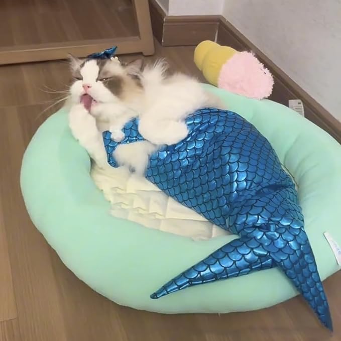 Cat Mermaid Costume Creative Cat and Dog Costumes Funny Fishtail Dress Puppy Mermaid Dress Pet Mermaid Costume Humor Photo Props for Cats and Dogs, Polyester, Blue, One Size (5-13 lbs)