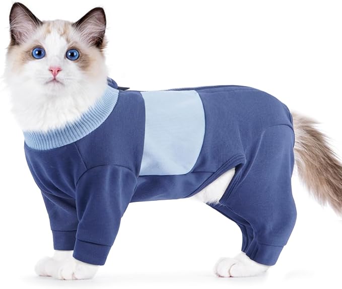 QBLEEV Cat Clothes, Soft Cat Sweaters for Cats Only, Kitten Surgery Recovery Suit Onesie Pajamas, Four Legs Cats Shirts Apparel Clothing for Hair Loss Prevention, Blue, XL