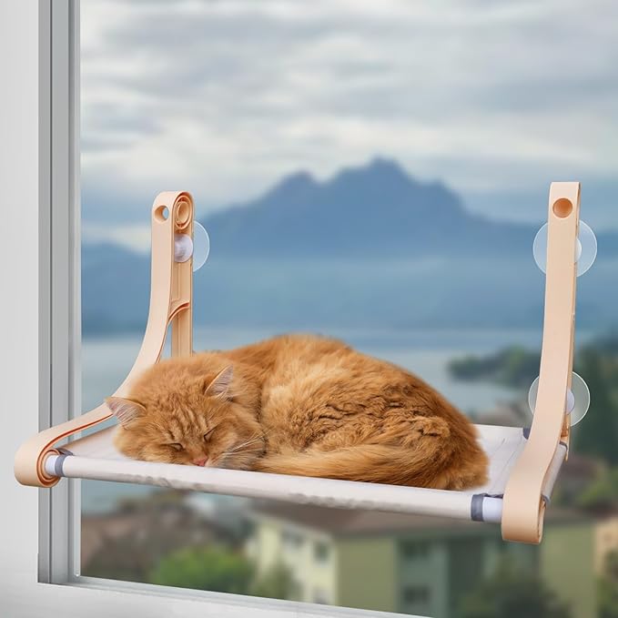 Cordless Window Perch - Comfortable & Safe Cat Hammock With 4 Suction Cups, Sturdy Frame, Soft Cushions, and Two Removable Fabric Covers for Indoor Cats