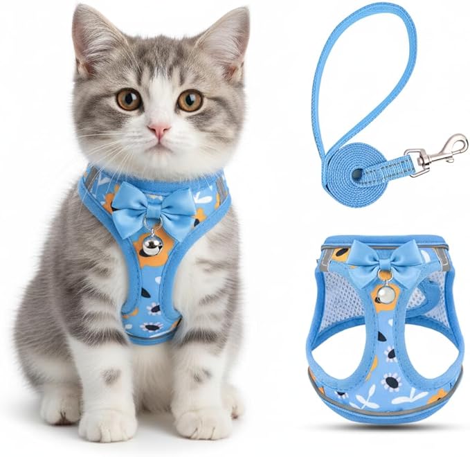 Cat Harness and Leash Escape Proof for Walking, Adjustable Soft Kitten Harness with Reflective Straps Step in Cat Vest Harness for Small Kitten and XS Dogs (Blue, S-Chest(11.8"-13.7"))