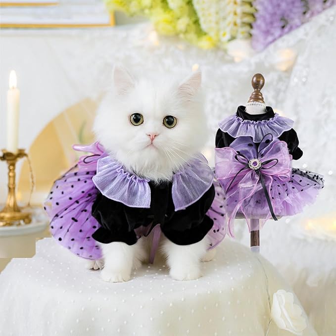 Dog and Cat Butterfly Princess Lace Tutu Dress, Dog Girl Set, Kitten Chihuahua York Pomeranian Pet Clothing (Purple-Bow, Medium)
