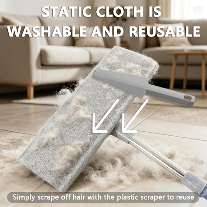 Electrostatic Dust Clip-On Mop for Pet Hair, 57" Adjustable Long Handle, 360° Rotating Head, 2 Reusable Static Cloths, 2 Microfiber Cloths & 1 Scraper, Ideal for Pet Loose Hair & Daily Dust Cleaning