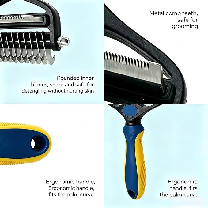 2-in-1 Cat Brush for Shedding - Double-Sided Undercoat Rake for Long Haired Cats - Professional Dematting Tool for Dense Double-Coats - Gentle Deshedding Brush for Kittens, Blue
