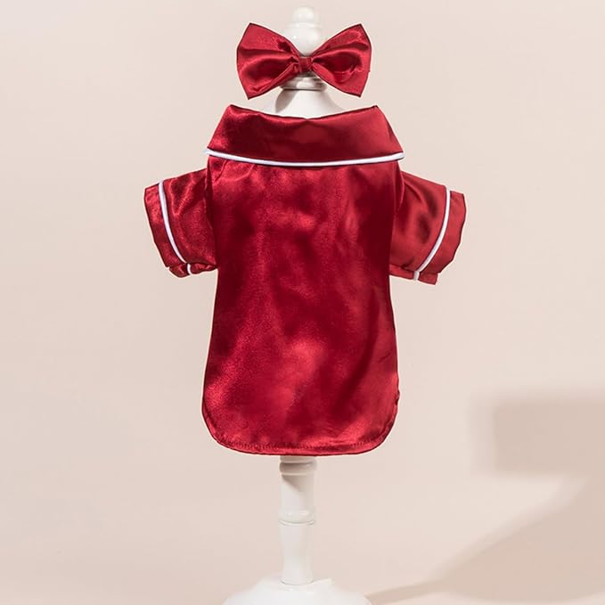 Cat Puppy Costume Elegant Satin Pajamas with Bow Headband 2PCs Set Pet Sleepwear Cute Pet Outfit Cosplay Partywear Photoshoots (red Set,X-Small)