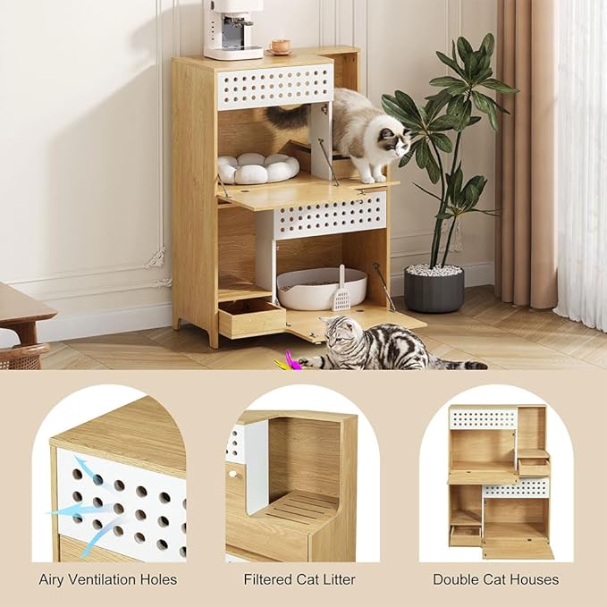 2 in 1 Cat Litter Box Enclosure Furniture, Double Hidden Litter Box Cabinet with Storage Shelf, Space Saving Wooden Cat House End Table for Indoor Use, Brown Natural,Natural