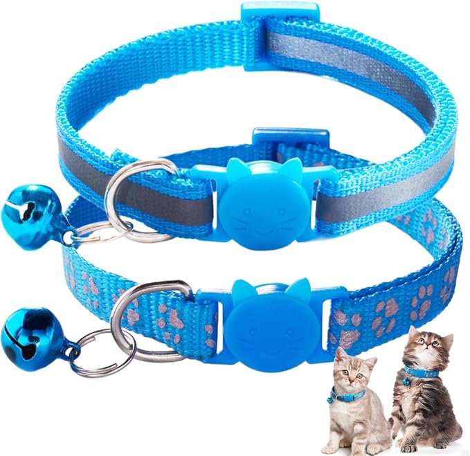Reflective Kitten Collar with Bell, 2 Pack Breakaway XS Cat Collars Girl Cute Soft Safety Buckle Quick Release for XXS XSmall Extra Small Tiny Little Female Pet Light Blue