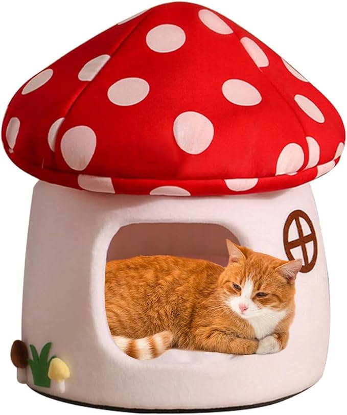Mushroom Cow Cat Bed House for Indoor Cats & Small Dogs - Soft Cave-Style Pet Nest with Removable Washable Cushion, Plush Semi-Enclosed Cat Cave Tent, Red & White, Cozy Non-Slip Calming Bed