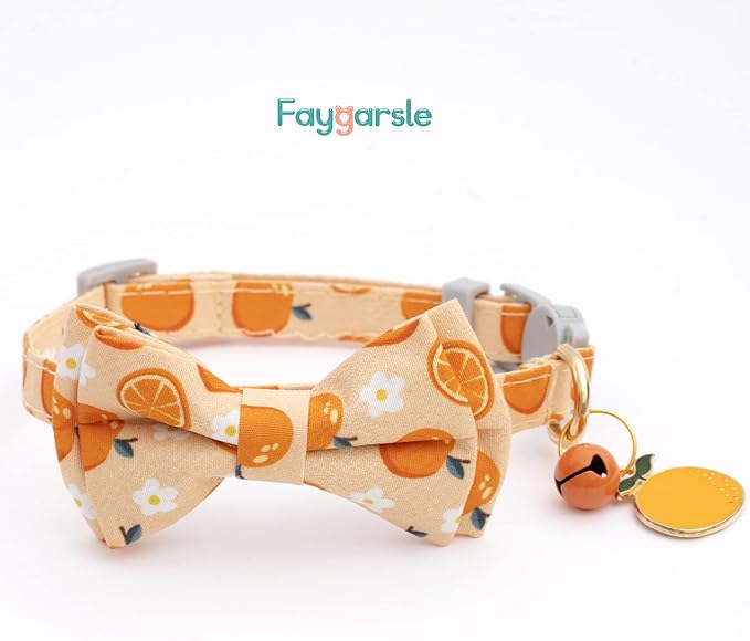 Faygarsle 2 Pack Cute Cats Collars with Bell Breakaway Bowtie Cat Collar for Male Female Cats Soft Fancy Orange Yellow Cat Collars Pineapple Orange Pattern Summer Cat Collar for Boy Girl Cats