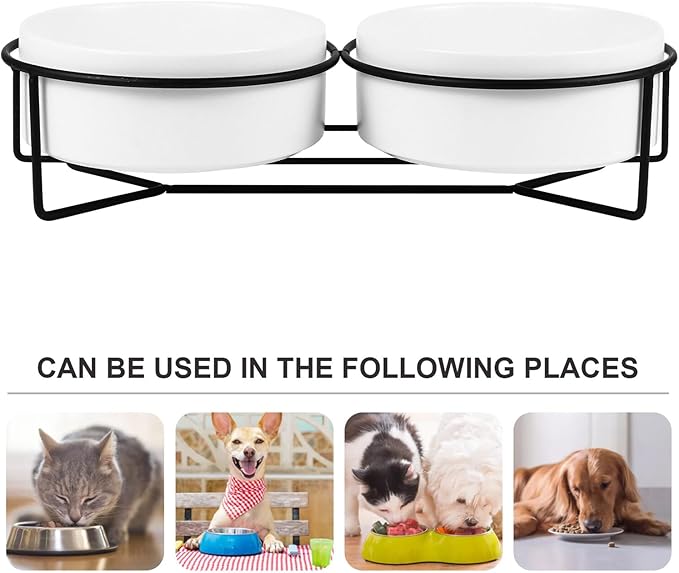 POPETPOP Ceramic Double Pet Bowl Set with Black Iron Elevated Stand, 13cm Raised Cat Feeder and Dog Food Bowl for Stable Feeding and Watering
