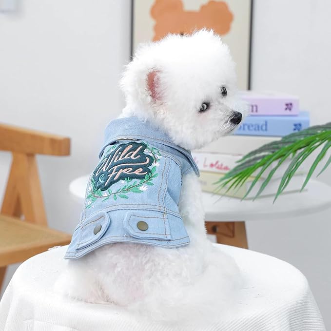 Cute Dog Denim Jacket, “Wild & Free” Embroidered Puppy Vest, Stylish Jean Outfit for Small Dogs & Cats, Soft Breathable Pet Clothes for Outdoor & Everyday Wear(XL)