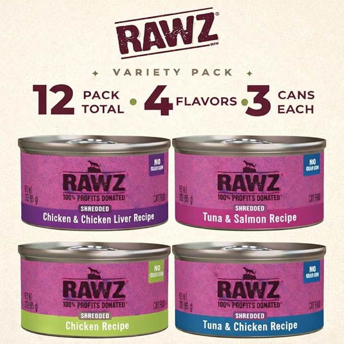 Rawz Natural Premium Canned Cat Wet Food Shredded -12 Pack Cans Variety Pack -4 Flavors with Yow Pet Lid- (Tuna & Salmon, Chicken & Liver, Tuna & Chicken, Chicken)- (3oz Cans)
