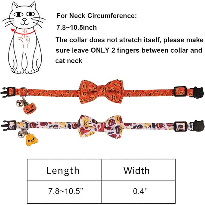 PTDECOR Halloween Cat Collars with Bow Tie Bell, 2 Pack Kitten Collar with Removable Bowtie Halloween Pumpkin Collar for Cats Kittens