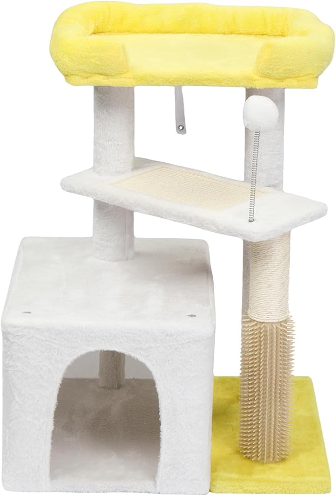 27.5in Plush Cat Tree, Multi-Level Cat Tower with Scratching Post and Pad, Cozy Condo & Padded Perch, Dangling Ball for Kittens and Indoor Cats, Compact Cat Furniture for Small Spaces (Yellow & White)