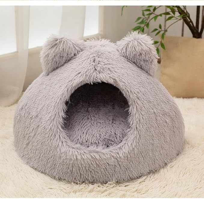 Cute Cat Bed, Plush Cat Cave Bed for Indoor Cats, Self-Warming Cave with Washable Cushion & Anti-Slip Bottom, Cozy Soft Pet Cats House for Kittens Small Dogs (Light Grey, 18.8 ×18.8 in)