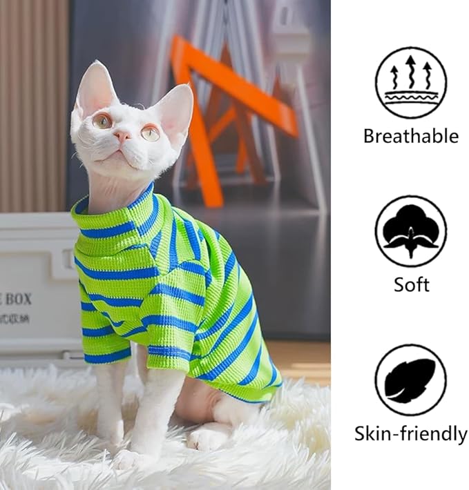 Striped Waffle Knit Shirt for Sphynx Cat, 2-Leg Long Sleeve Lightweight Outfit for Hairless Cats, Soft All-Season Pet Clothes (Green, XXX-Large (12-15 lbs))