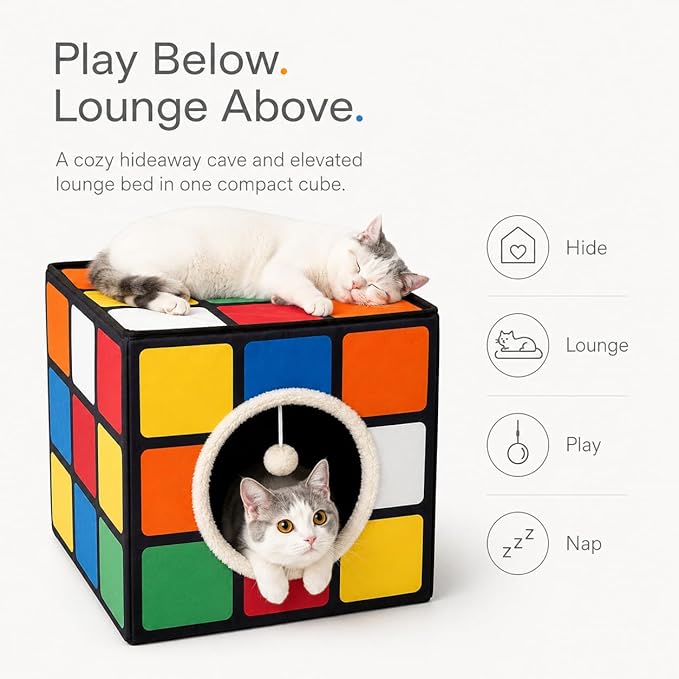Cat Condo House with Reversible Cushions and Fluffy Ball Hanging, Foldable Magic Cube, Large Cave Bed for Indoor Cats, Unique Puzzle Shape Lagre 16.5“ x 16.5" x 16.5”