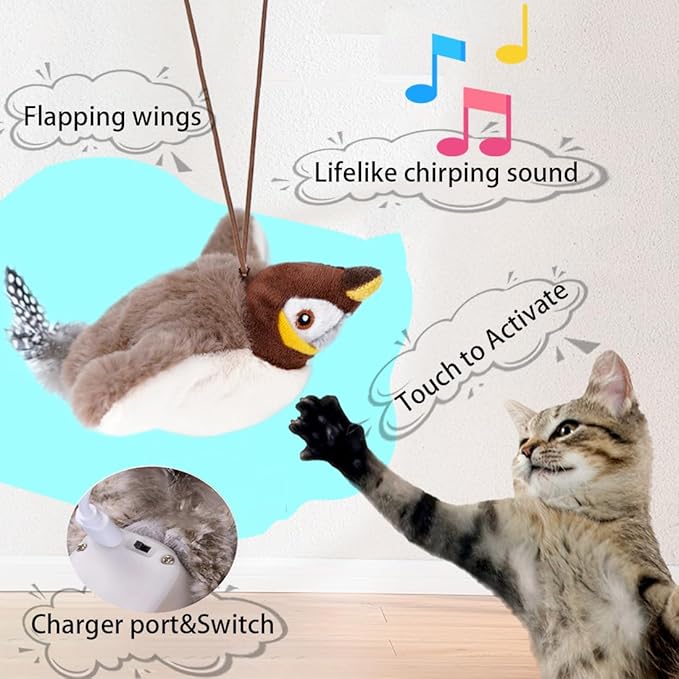 Flapping Chirping Bird Cat Toy(Non-Flying), USB Charging,Touch Activated Plush Toy,Simulates Bird Wing Flapping and Sounds, for Cats,Dogs & Small Pets (Large, SPARROW-01)