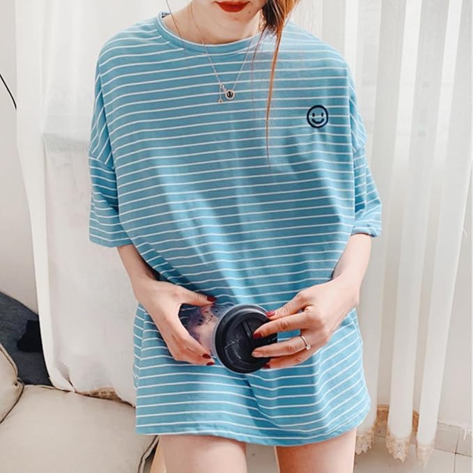 Matching Dog and Owner Clothes,Blue Striped Women Shirt Short Sleeve,Cotton Women Summer Shirt Crewneck,Casual Summer Tops Loose Fit(Owner L)