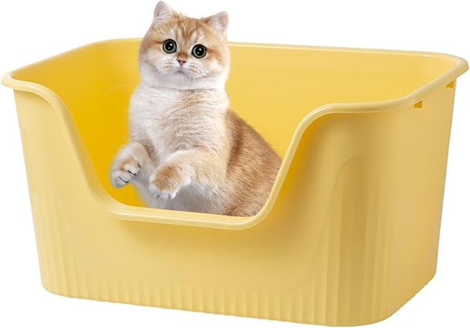 Open Top Pet Litter Box High Sided Anti Splashing Cat Toilet Sandbox with Lowered Front Entry Pet Litter Tray- Yellow S