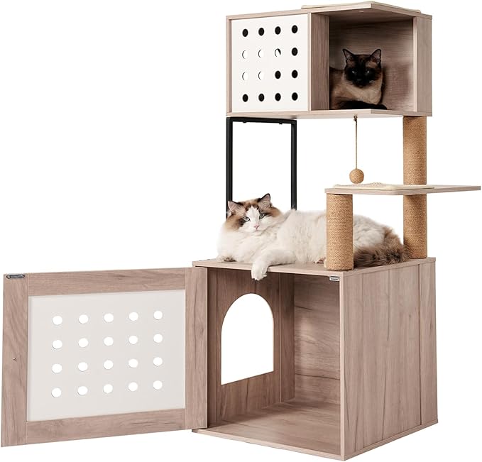 Cat Tree with Litter Box Enclosure, Cat Tower for Indoor Cats with Large Hammock, Bed, Food Station, Scratching Posts, Modern Style Pet Furniture, Gray+White