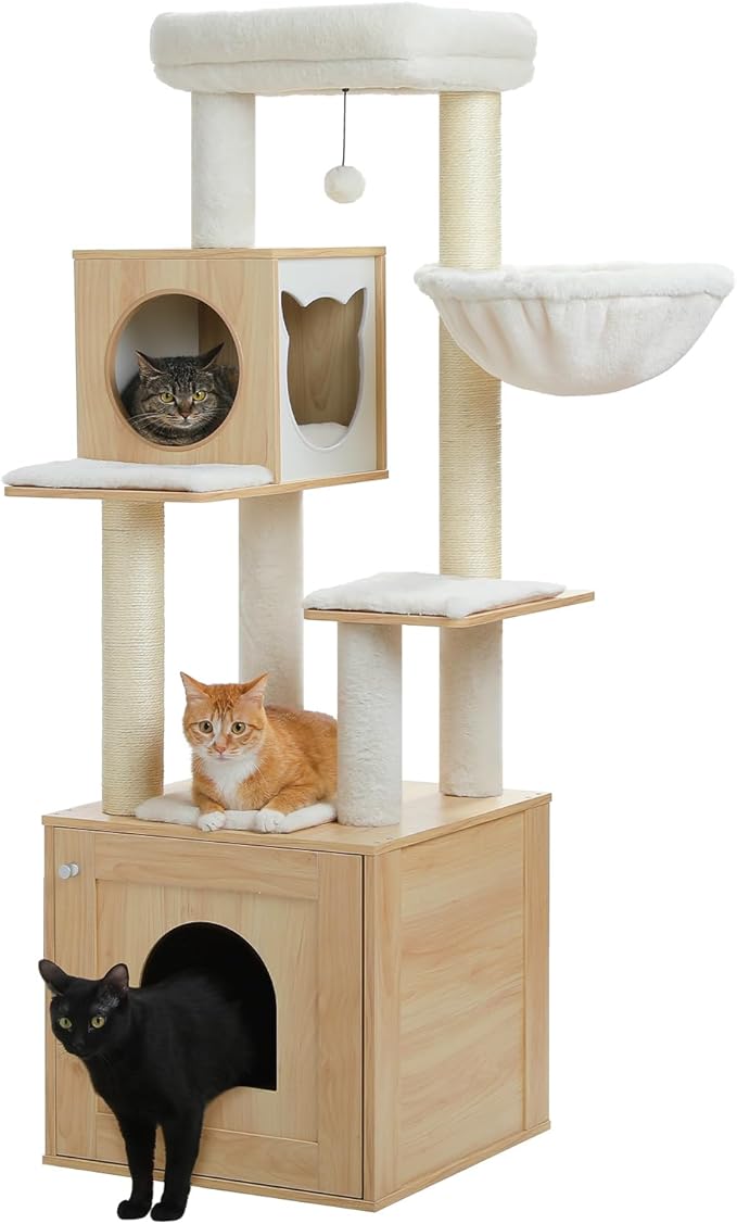 PETEPELA Cat Tree with Litter Box Enclosure, 2-in-1 Wood Cat Tower for Indoor Large Cats, 57.5'' Cat Condo with Scratching Posts, Cozy Hammock and Repalcable Dangling Balls, Beige