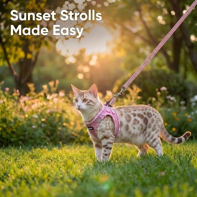 Cat Harness and Leash Set for Walking, Escape Proof Adjustable Soft Mesh Kitten Harness with Reflective Strips, Breathable No-Choke Pet Vest for Large Cats or Small Dogs(Pink,L)