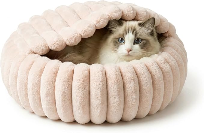 Cat Beds for Indoor Cats, 2 in 1 Cat Cave Bed Kitten Bed for Small Pets, Small Dog Bed with Cover, Pet Bed for Puppy and Kitten with Anti-Slip Bottom-Beige Pink-24 inches