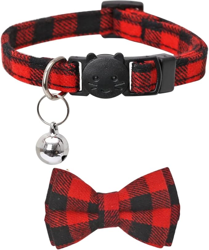 Christmas Cat Collar Halloween Thanksgiving Day Fall Breakaway with Cute Bow Tie and Bell for Kitty Adjustable Safety Plaid