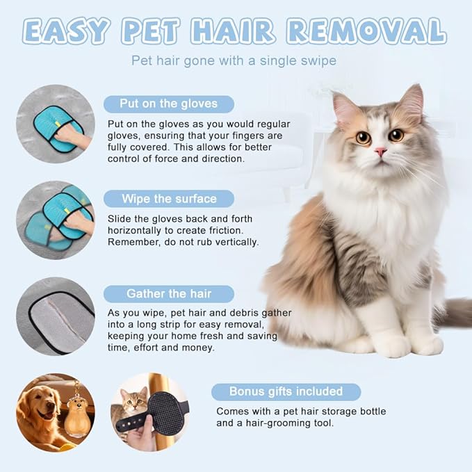 Pet Hair Removal Glove for Cats & Dogs,Newly Upgraded Upgraded Thickened Electrostatic pet Hairs Gloves, Magic Brush Pet Hair Remover Tool for Carpet, Couch, Clothing,Car Seat.（Blue）
