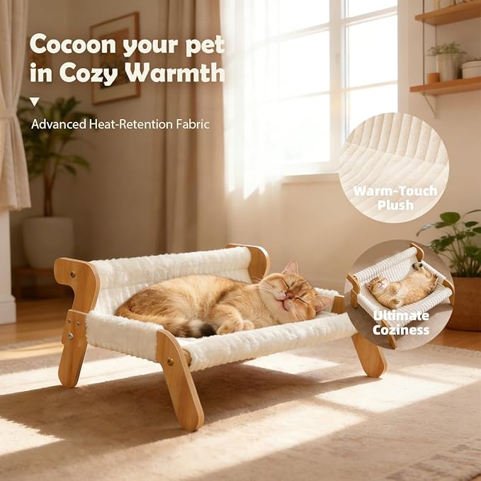 3-in-1 Elevated Cat Couch Bed for Indoor Cats– Wooden Pet Sofa with Removable Plush Cover, Sisal Scratcher & Rattan Mat – Raised Kitty Lounge Chair for Indoor Cats and Small Dogs