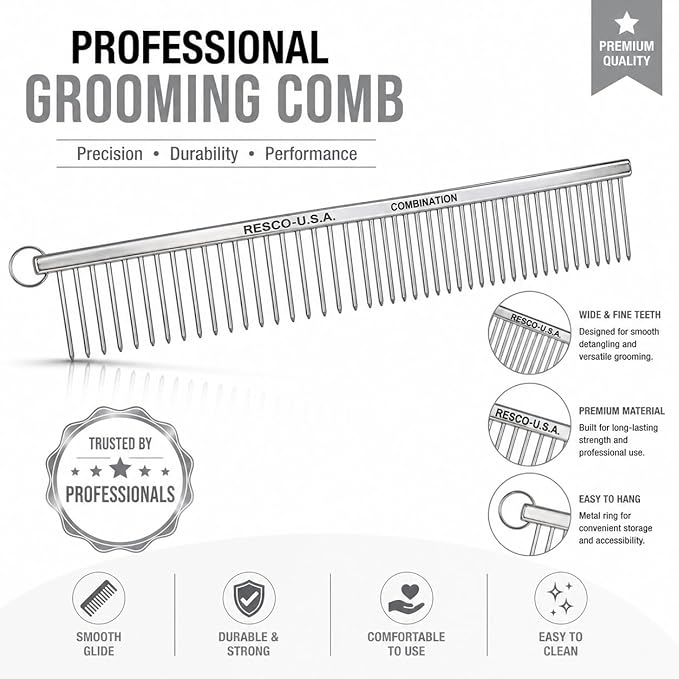 Resco Professional Anti-Static Best Dog, Cat, Pet Comb for Grooming, Med/Coarse Tooth Spacing, 1.5" Pin Length