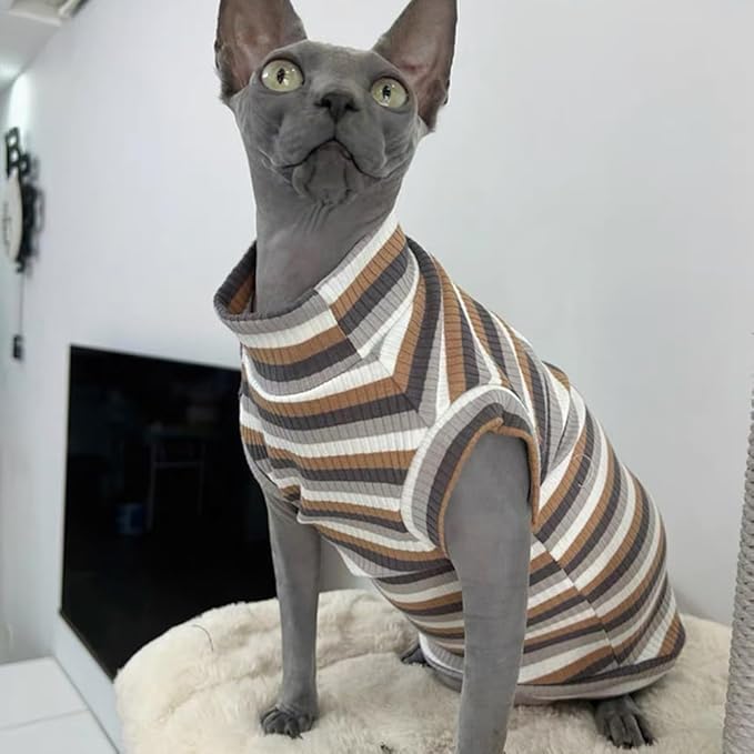 Sphynx Cat Shirt, Breathable Stretchy Cat Summer Vest, Lightweight Brown Striped Sleeveless Shirt for Hairless Cats, Soft & Comfortable Stretchy Vest for Cats and Small Dogs (Large(5-7lbs))