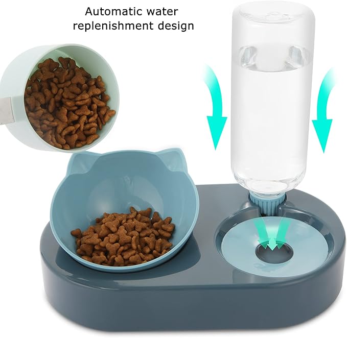 Cat Bowl, Feeding & Watering Supplies for Cats, Cat Food Bowls with 0-15°Adjustable Tilted, Gravity Water,Pet Food Bowl for Cats and Small Dogs, Blue