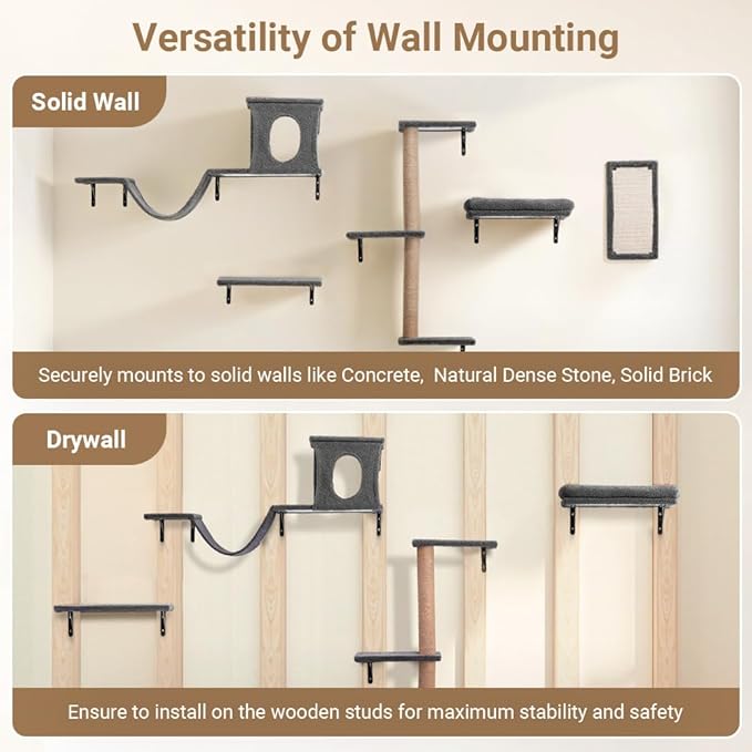 PawGiant Cat Wall Shelves, 5-in-1 Cat Furniture Set, Wooden Cat Climber with Perches, Condo House, Bed, Scratching Post & Board for 16inch Drywall and Solid Wall