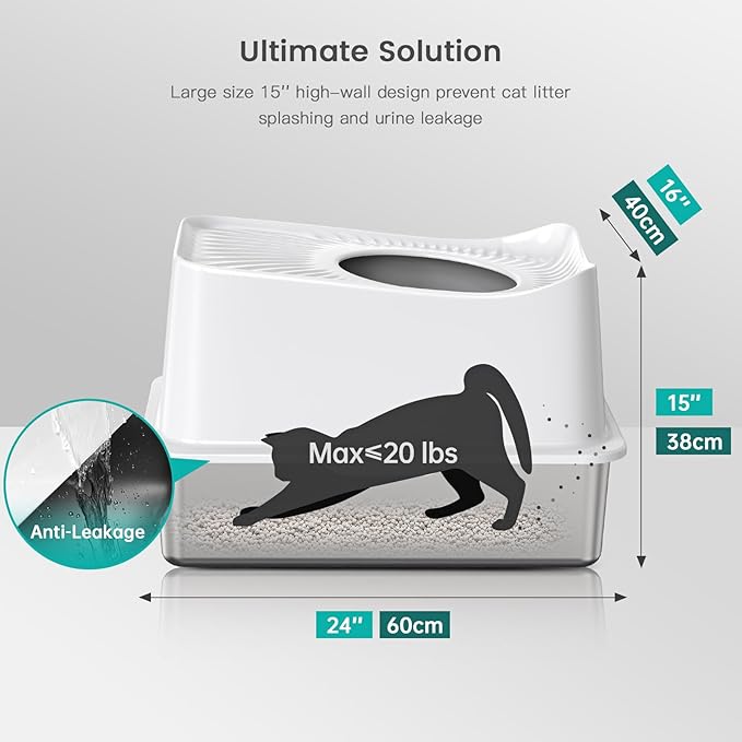 WoofiGo Stainless Steel Cat Litter Box, Large Top Entry Litter Box for Big Cats, Enclosed Kitty Litter Pan with Lid, Metal Cat Box Never Absorbs Odors, Easily Cleaning, Include Scoop