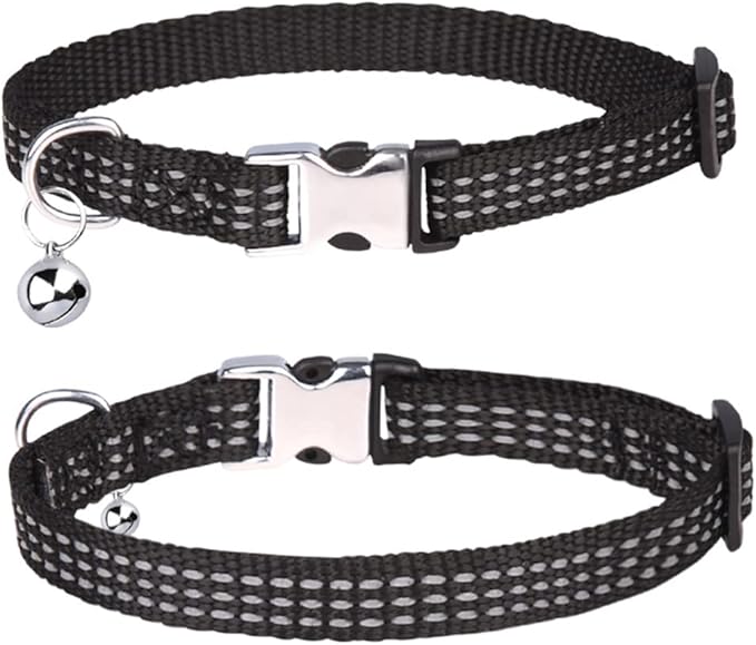 THAIN Cat Collar Personalized Reflective with Bell-Custom Cat Collar Engraved nameplate with Name and Phone,Adjustable for Cats and Kitten (Black)