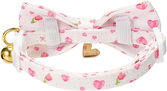 2 Pack Cat Collars, Removable Bowtie, Pink Heart Pattern, Safety Breakaway Clasp, Adjustable for Cats.(Adult Cat, Pink Strawberry and White Heart)