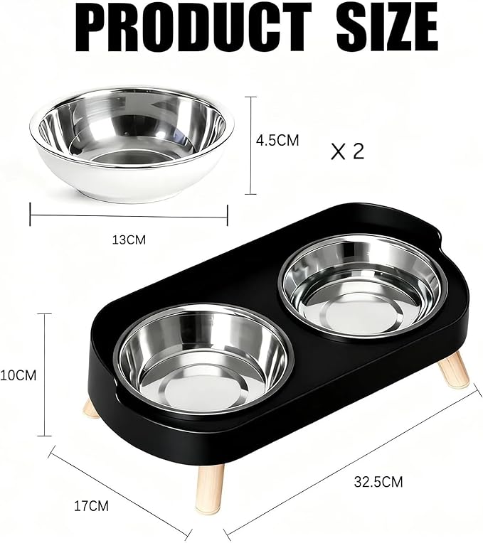 Raised Cat Feeder 2 Bowls in 1 Feeding & Watering Supplies 15° Raised Puppy 2 Stainless Steel Bowls Wood Stand Cats Accessories(Green)