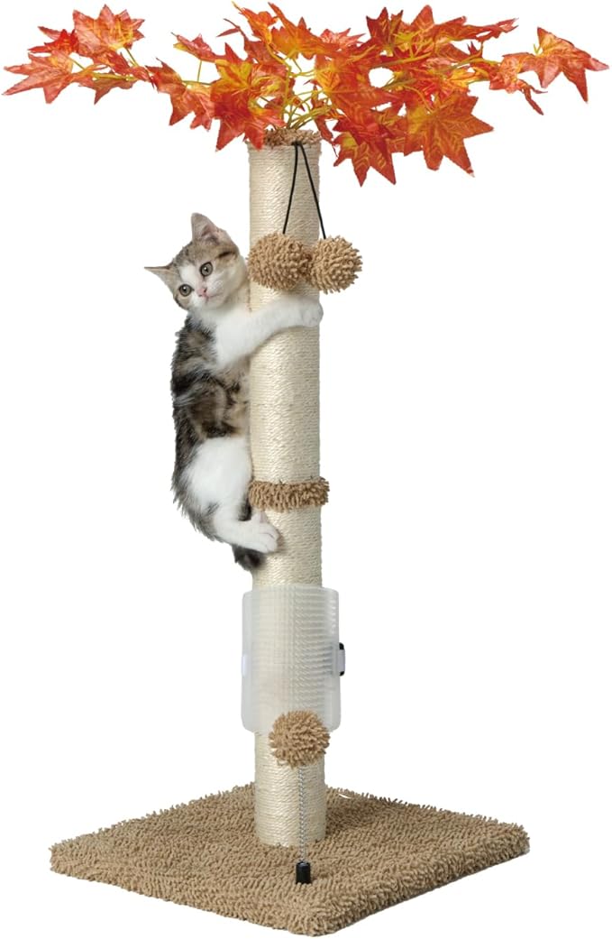 MECOOL Cat Scartching Post，30-inch Cute Scartching Posts for Indoor Cats and Kittens,Natural Sisal Rope and Hanging Ball Toy, Self-Grooming Brush,Beige