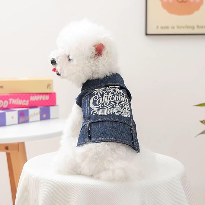Dog Denim Vest with D-Ring, California Embroidered Jean Jacket for Small & Medium Dogs, Snap Button Puppy Clothes for Walking & Photos(XL)