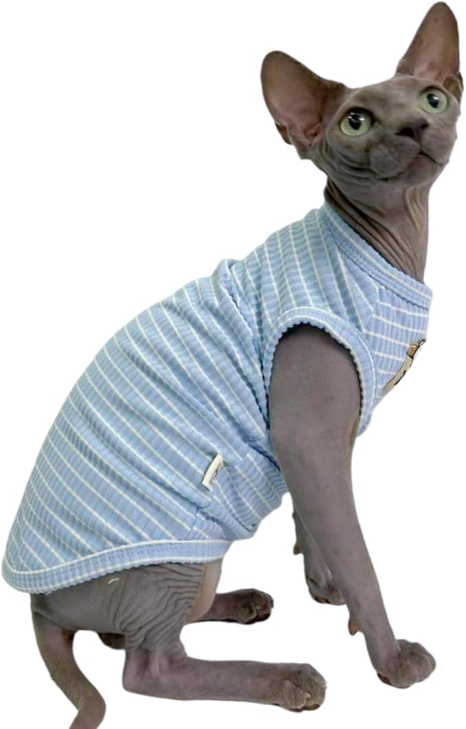 Sphynx Cat Clothes Vest for Hairless Cat, Rib Knit Stripe Cats T-Shirt Apparel, Kitten Summer Cotton Shirts Sleeveless for Cornish Rex, Devon Rex, Peterbald (Sky, S (3.5-5 lbs))