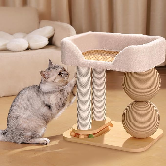Modern Solid Wood Pet Cat Climbing Tree Tower with Sisal Ball Cooling Mat Cat Scratching Posts Wear Resist Integrated Sisal Bed Pet Climbing Frame Indoor for Summer (16.38X15.21X11.31 inch)