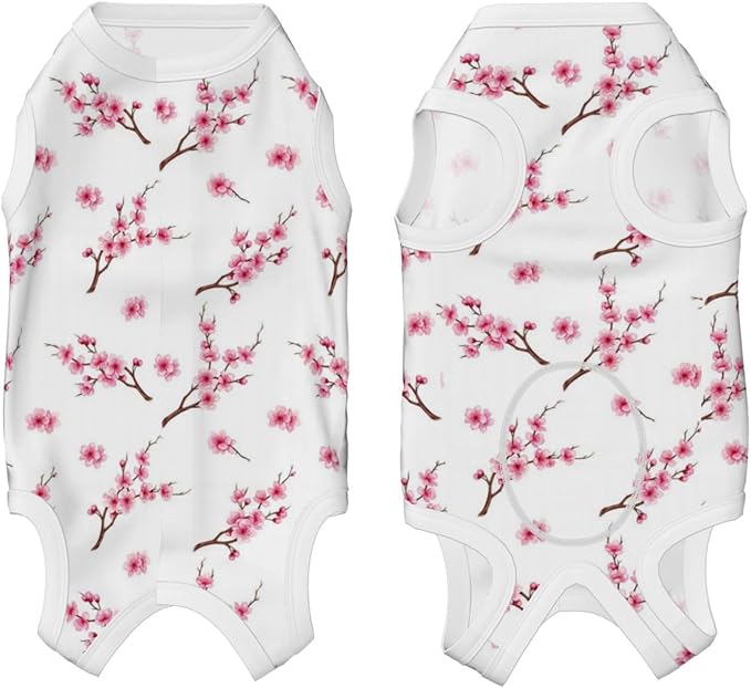 Cat Recovery Suit, Pets Surgical Full Bodysuit for Abdominal Wound Protector Anti Licking After Surgery (Branch Flourishing Tree Cherry Flowers Blossoms Spring Theme Art)